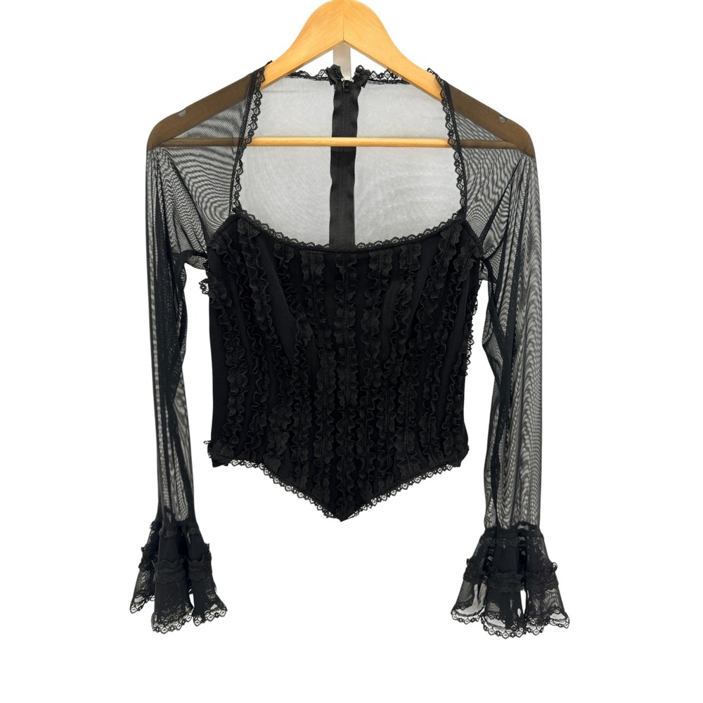 Tadashi Black Mesh Ruffle Corset Top Long Sleeve Victorian Gothic Vintage Size M